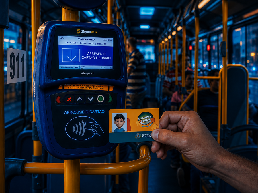 Passageiro usando validador eletrônico de bilhete único dentro de ônibus